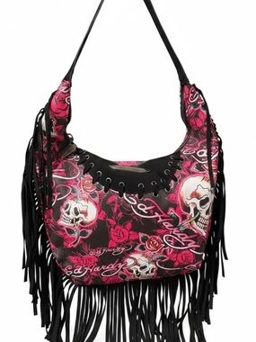 Ed Hardy Black and Pink Skull Fringe Hobo Shoulder Bag NWT